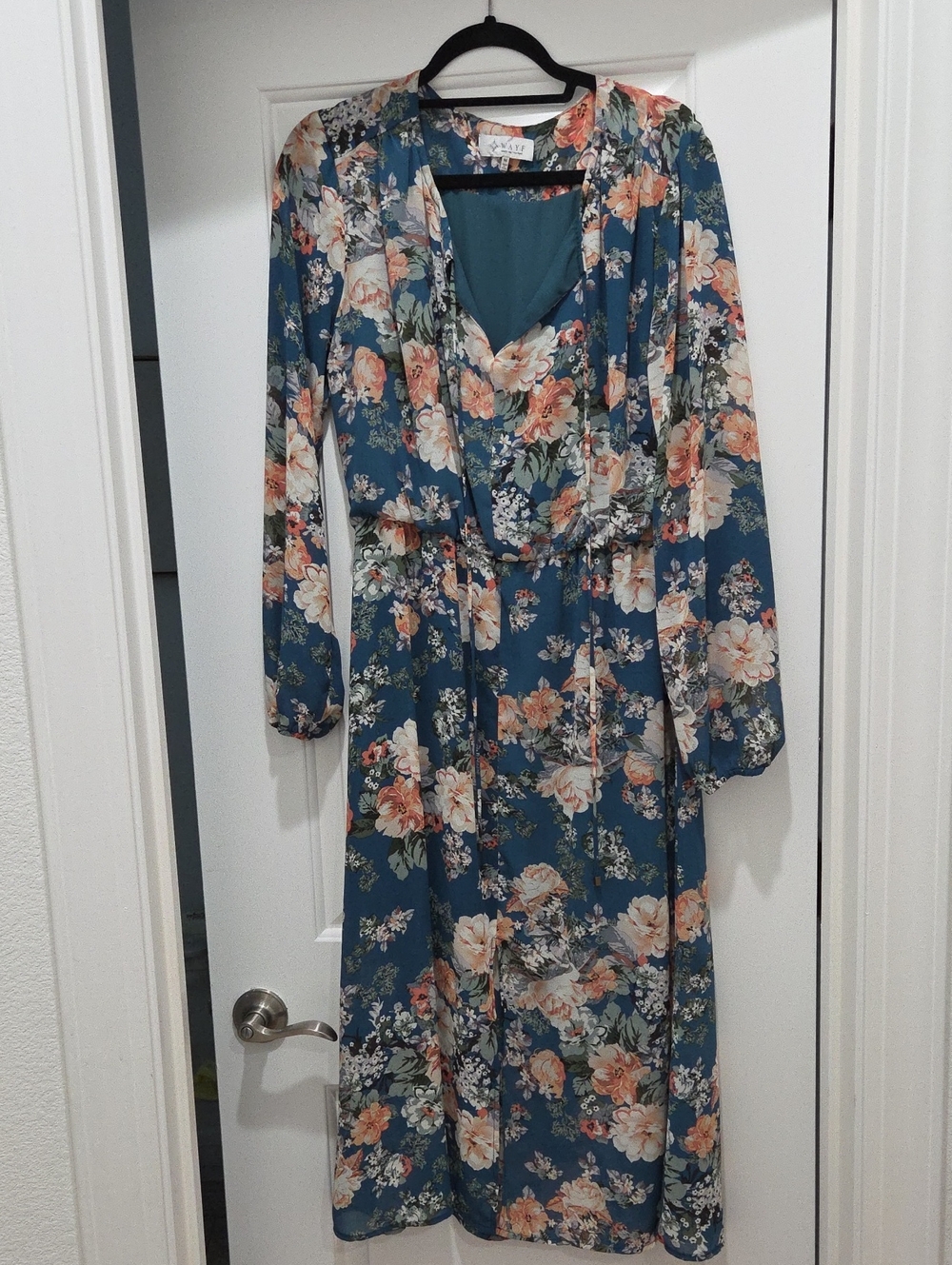 Wayf Teal Floral Long Sleeve Midi Dress